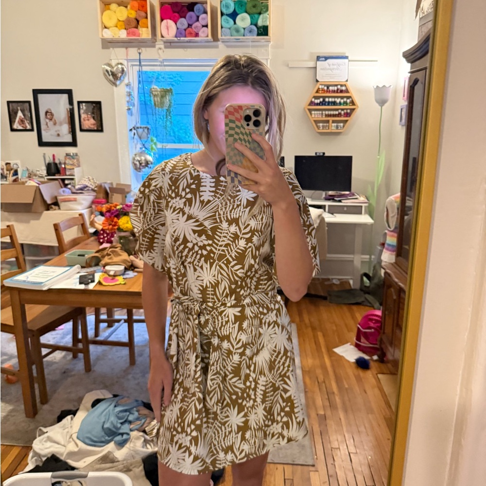 Brown and White Leaf Print Dress